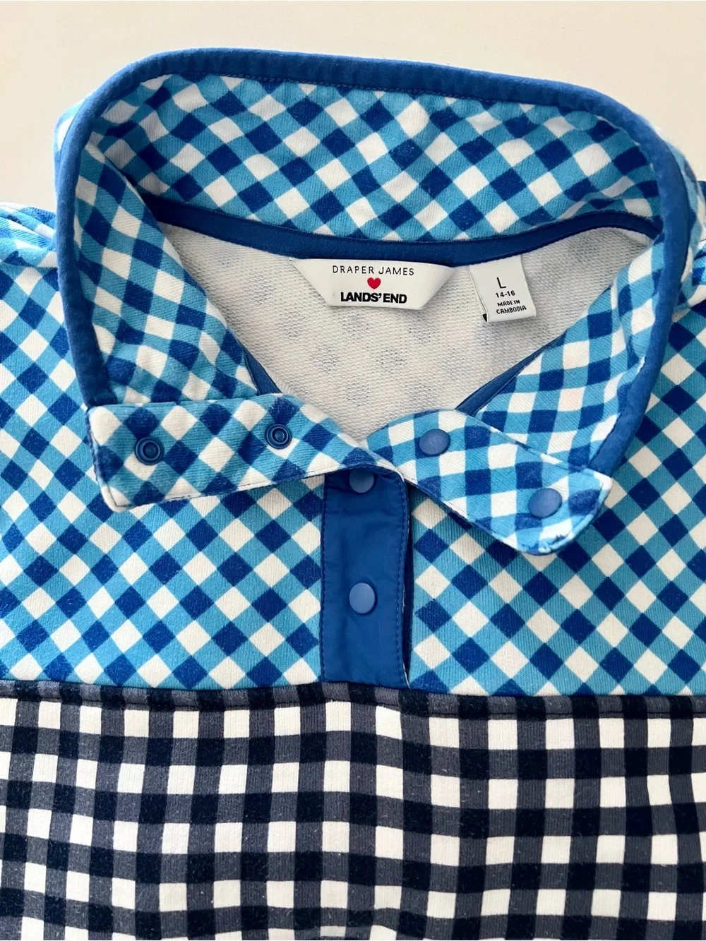 Lands' End x Draper James Gingham Navy & Blue Snap Neck Pullover Sweatshirt Sz L - Picture 7 of 9
